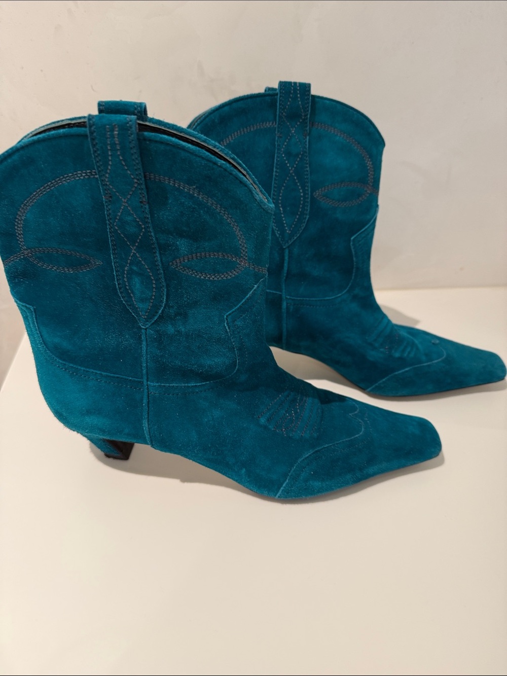 KHAITE Teal Suede Western Ankle Boots